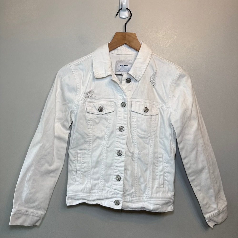 Old Navy Women's White Distressed Denim Trucker Jacket Cotton Jean Coat X-Small